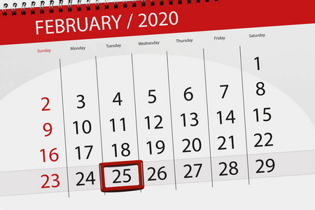 Calendar planner for the month february 2020, deadline day, 25, 