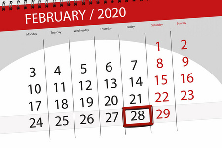 Calendar planner for the month february 2020, deadline day, 28, 