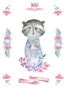 生日贺卡设计可爱的浣熊。水彩插图。波西米亚粉色花朵和花束。卡通剪贴画