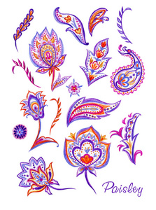 幻想 水彩 佩斯利 颜色 花的 绘画 纺织品 艺术 印第安人