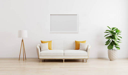明亮现代客厅中的水平相框，白色沙发落地灯和绿色植物铺在木质层压板上。斯堪的纳维亚风格，舒适的内部背景。明亮时尚的房间模型。三维