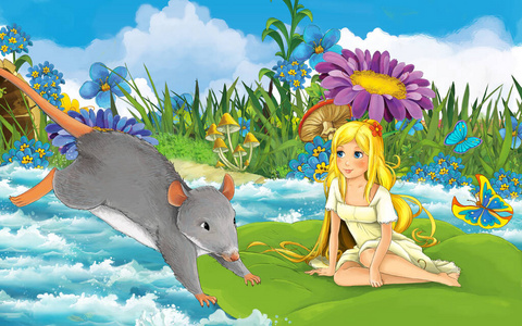 卡通女孩在森林里航行在树叶上的树叶上，带着一只野鼠或老鼠