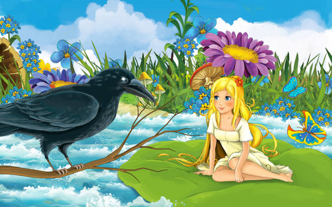 森林里的卡通女孩在树叶上的河上航行，用野鸟插图