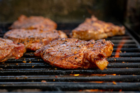 牛排 猪肉 脂肪 聚会 食物 美味的 野炊 夏天 热的 木炭
