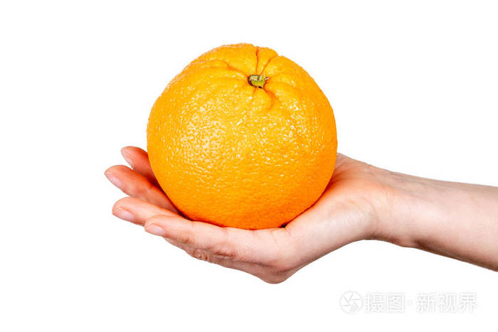 手拿橙色背景为白色素食和维生素