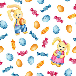 无缝图案复活节兔子，彩蛋和糖果。手工水彩插图孤立在白色背景上，用于复活节和儿童产品的设计。