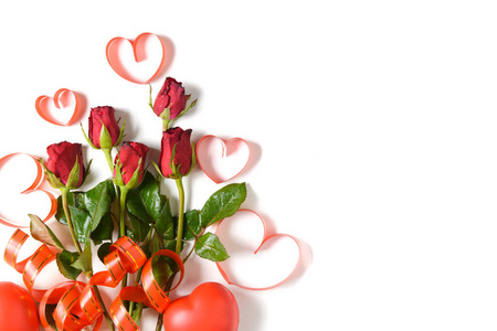 Red roses with heart red ribbon isolated on white background, 