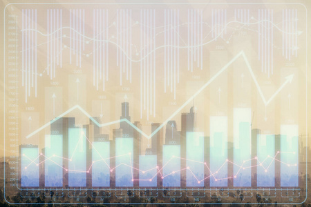 外汇图表城市景观与摩天大楼壁纸双重曝光。金融研究概念。