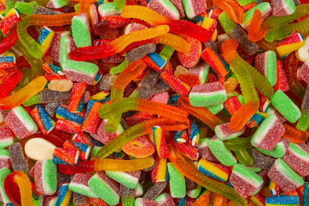 Assorted gummy candies. Top view. Jelly  sweets background. 