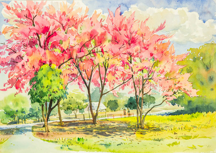 抽象水彩山水画水彩原画孔雀花山水和美丽的云天背景.