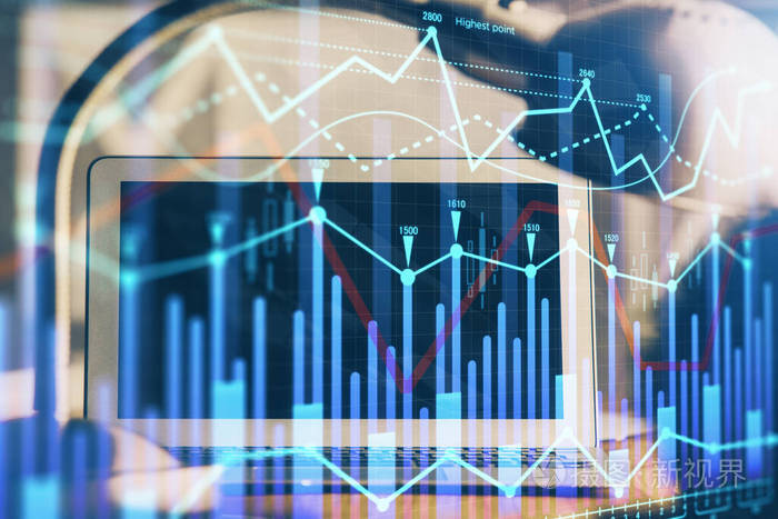 外汇市场图形全息图和个人电脑背景多重曝光投资概念
