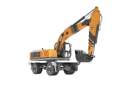 3D rendering orange hydraulic wheel excavator isolated on white 