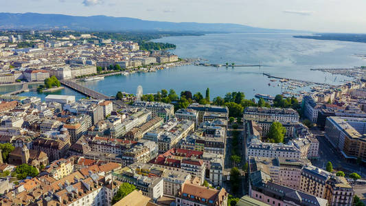 Geneva, Switzerland. Flight over the central part of the city. L