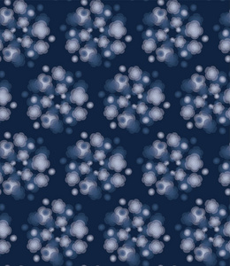 蓝色靛蓝扎染雏菊草地无缝图案。深色穆迪冬季花卉织物纺织品。复古风满印。为时尚，包装和墙纸背景。EPS 10瓷砖