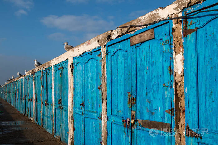 一座老建筑上的一排蓝色的门
