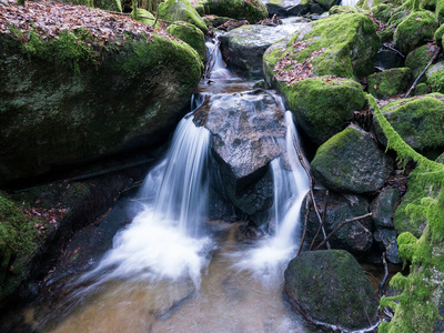 春天 苔藓 旅行 岩石 公园 美丽的 瀑布 小溪 冬天 流动