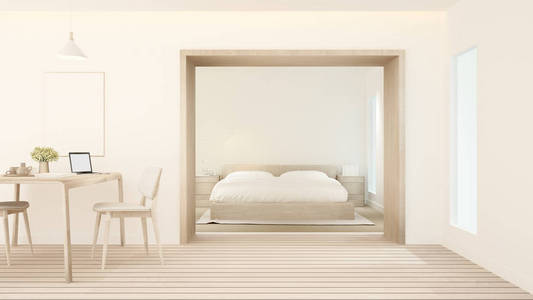 酒店或公寓的卧室和餐厅室内设计简单公寓或酒店的卧室和工作场所3D渲染