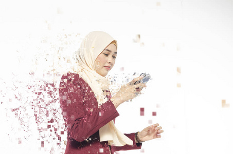 Communication concept,young hijab woman reading message on smart