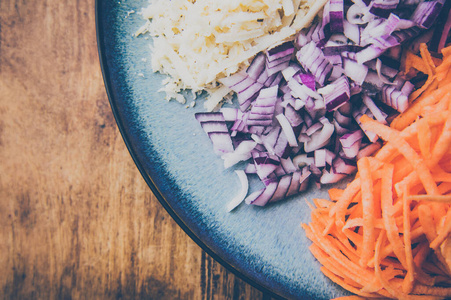 Meatfree diet concept. Vegetables on a plate. Vintage feel. 