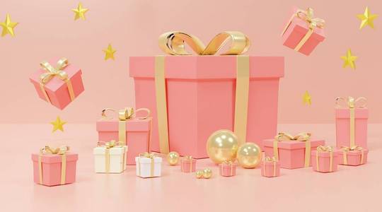 展示产品的粉彩场景。粉红色装饰礼品盒