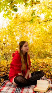 一个穿着红裙子的漂亮女孩。背景是美妙的秋天。艺术摄影。