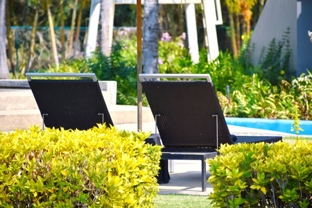 棕榈树下的舒适天堂。热带国家的两把椅子。美丽的海洋度假。