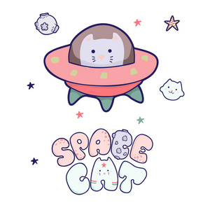 日本有趣日本卡瓦伊猫在太空旅行和刻字太空猫.有趣的动物剪贴画.照片