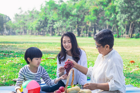 快乐的亚洲家庭周末或假日在公园里休闲或野餐。外婆女儿和孙子正处在爱和放松的美好时刻。家庭代际关系还是亲情