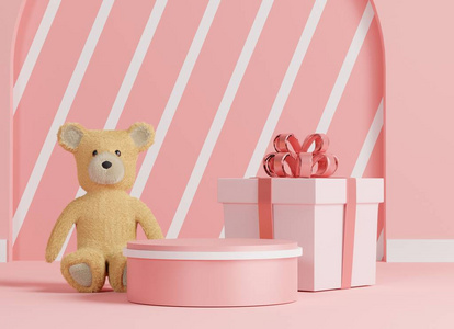 Glossy luxury podium for your design. Pink gift box, Teddy bear 