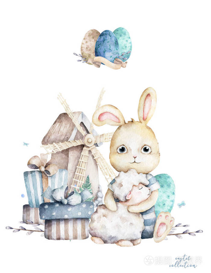 手画复活节水彩画卡通兔子与羊和蛋与树叶树枝和羽毛靛蓝水彩画艺术