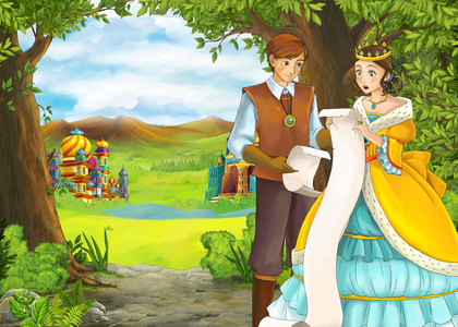卡通自然风景与美丽的城堡王子和公主