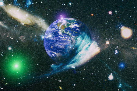 银河系中的地球行星用于科学设计.地球和太空中的星系.科幻艺术.