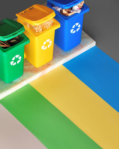 三个彩色编码回收站，纸张彩色条纹等距投影，三色调分层背景和文本空间。回收概念设计。