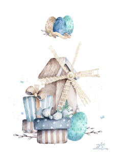 复活节彩蛋狩猎派对海报设计模板。可爱的水彩蛋和磨坊与礼品盒，白色背景。概念横幅，传单，邀请，贺卡，节日背景。