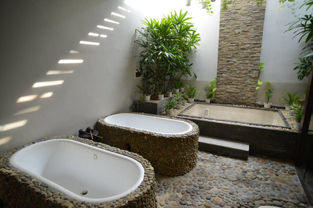 在室内 浴室 建筑学 植物 浴缸 椅子 色调 混凝土 空的