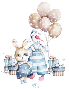 可爱的兔子和鹅卡通，戴着带气球的帽子和带礼品盒的复活节彩蛋。手绘可爱的水彩插图设计