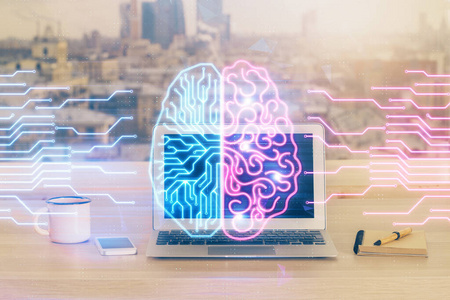 商人和商业的女人图标双曝光表与电脑和搜索引擎绘制全息图.