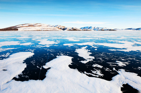 Ice and snow on the frozen lake. 