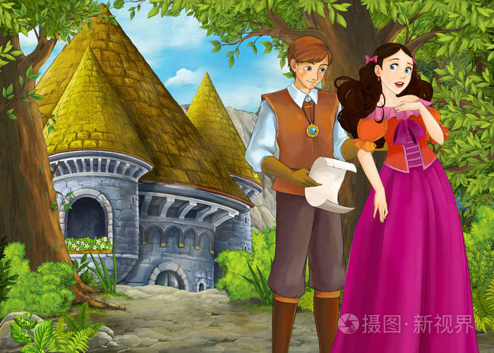 卡通自然风景与美丽的城堡王子和王子