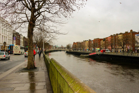 Embankment of Liffey River in Dublin, Ireland.