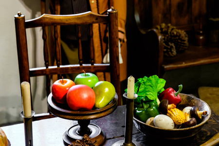 Closeup vegetables and fruits served on the wooden table 