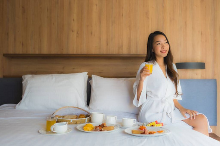 Portrait beautiful young asian woman happy enjoy with breakfast 