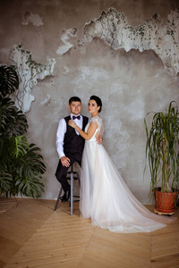 Beautiful bride in an elegant dress the groom in a waistcoat in 