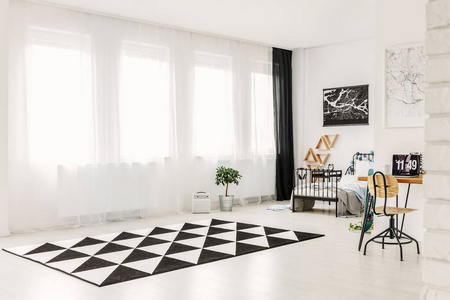 Elegant bright bedroom interior with copy space and black and wh