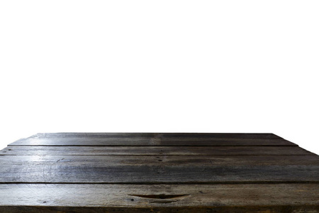 Empty wooden table on white background.