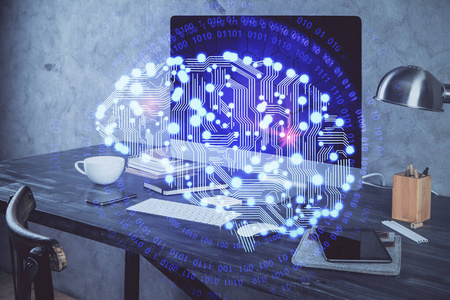 用计算机和脑全息图对桌子进行双重曝光。数据创新概念。