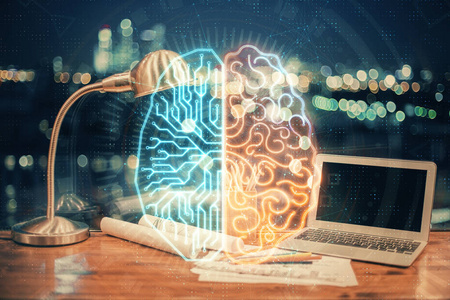 用计算机和人脑全息图对工作空间进行多次曝光。头脑风暴概念。