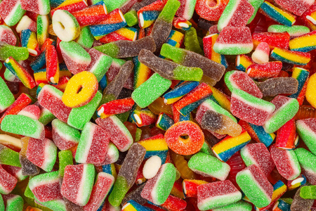 Assorted gummy candies. Top view. Jelly  sweets background. 