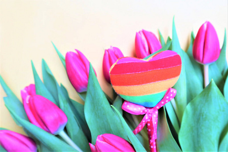 valentines day concept. bouquet of flowers, pink tulips, Heart 