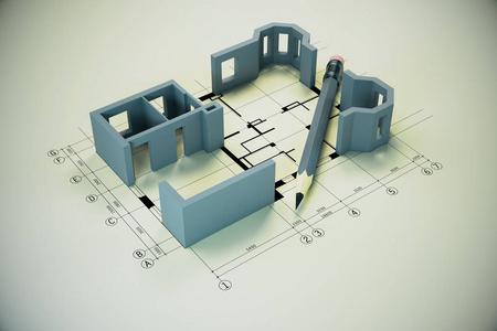 黄桌上的蓝图铅笔和房子模型